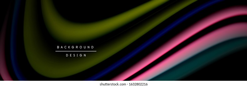 Сolorful flow poster. Wave liquid lines and shapes in black color background. Vector Illustration For Wallpaper, Banner, Background, Card, Book, Illustration, landing page, cover, placard, poster
