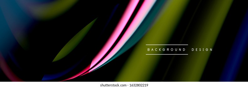 Сolorful flow poster. Wave liquid lines and shapes in black color background. Vector Illustration For Wallpaper, Banner, Background, Card, Book, Illustration, landing page, cover, placard, poster