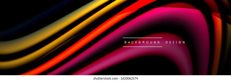Сolorful flow poster. Wave liquid lines and shapes in black color background. Vector Illustration For Wallpaper, Banner, Background, Card, Book, Illustration, landing page, cover, placard, poster