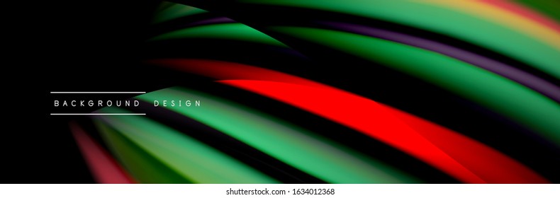 С afiche de flujo colorido. Olear líneas líquidas y formas en el fondo de color negro. Ilustración vectorial para papel tapiz, cartel, fondo, tarjeta, libro, ilustración, página de inicio, portada, cartel, afiche