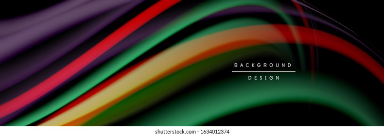 Сolorful flow poster. Wave liquid lines and shapes in black color background. Vector Illustration For Wallpaper, Banner, Background, Card, Book, Illustration, landing page, cover, placard, poster