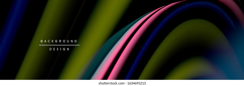 С afiche de flujo colorido. Olear líneas líquidas y formas en el fondo de color negro. Ilustración vectorial para papel tapiz, cartel, fondo, tarjeta, libro, ilustración, página de inicio, portada, cartel, afiche