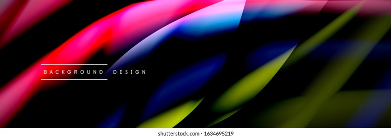 С afiche de flujo colorido. Olear líneas líquidas y formas en el fondo de color negro. Ilustración vectorial para papel tapiz, cartel, fondo, tarjeta, libro, ilustración, página de inicio, portada, cartel, afiche