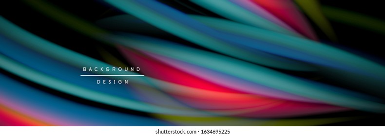 Сolorful flow poster. Wave liquid lines and shapes in black color background. Vector Illustration For Wallpaper, Banner, Background, Card, Book, Illustration, landing page, cover, placard, poster