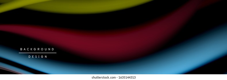 Сolorful flow poster. Wave liquid lines and shapes in black color background. Vector Illustration For Wallpaper, Banner, Background, Card, Book, Illustration, landing page, cover, placard, poster