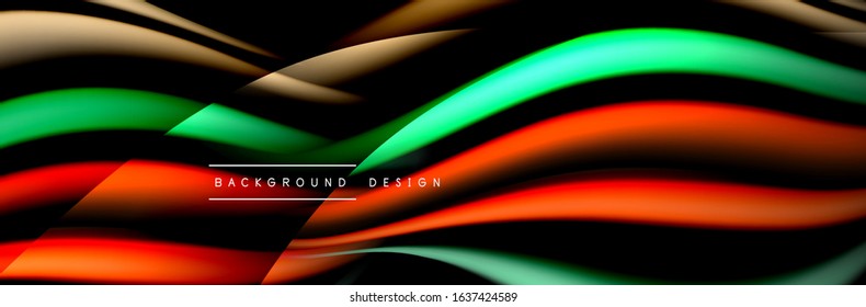 Сolorful flow poster. Wave liquid lines and shapes in black color background. Vector Illustration For Wallpaper, Banner, Background, Card, Book, Illustration, landing page, cover, placard, poster