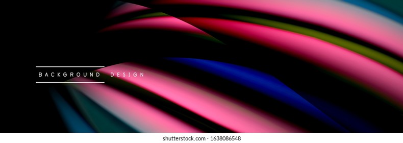 С afiche de flujo colorido. Olear líneas líquidas y formas en el fondo de color negro. Ilustración vectorial para papel tapiz, cartel, fondo, tarjeta, libro, ilustración, página de inicio, portada, cartel, afiche