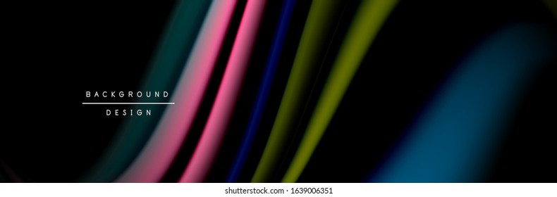 Сolorful flow poster. Wave liquid lines and shapes in black color background. Vector Illustration For Wallpaper, Banner, Background, Card, Book, Illustration, landing page, cover, placard, poster