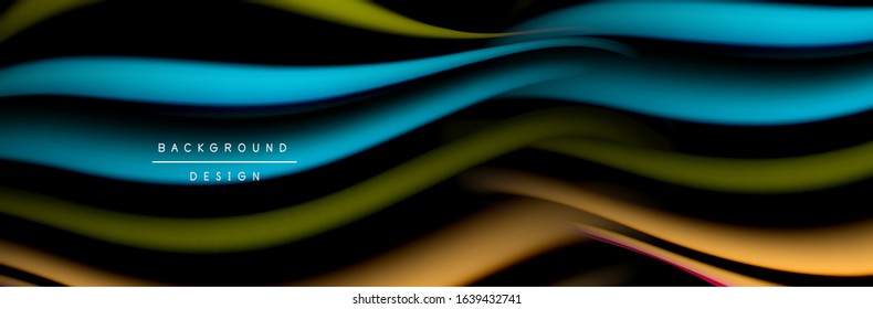 Сolorful flow poster. Wave liquid lines and shapes in black color background. Vector Illustration For Wallpaper, Banner, Background, Card, Book, Illustration, landing page, cover, placard, poster