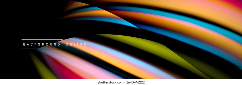 Сolorful flow poster. Wave liquid lines and shapes in black color background. Vector Illustration For Wallpaper, Banner, Background, Card, Book, Illustration, landing page, cover, placard, poster