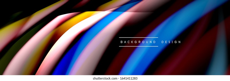 Сolorful flow poster. Wave liquid lines and shapes in black color background. Vector Illustration For Wallpaper, Banner, Background, Card, Book, Illustration, landing page, cover, placard, poster
