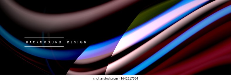 С afiche de flujo colorido. Olear líneas líquidas y formas en el fondo de color negro. Ilustración vectorial para papel tapiz, cartel, fondo, tarjeta, libro, ilustración, página de inicio, portada, cartel, afiche