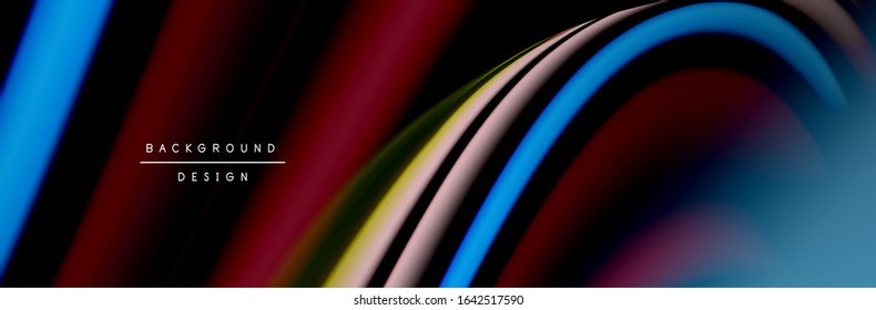 Сolorful flow poster. Wave liquid lines and shapes in black color background. Vector Illustration For Wallpaper, Banner, Background, Card, Book, Illustration, landing page, cover, placard, poster