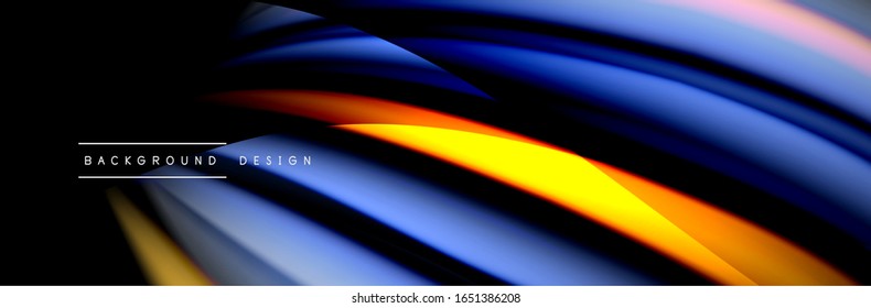 Сolorful flow poster. Wave liquid lines and shapes in black color background. Vector Illustration For Wallpaper, Banner, Background, Card, Book, Illustration, landing page, cover, placard, poster