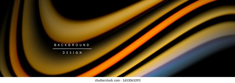 Сolorful flow poster. Wave liquid lines and shapes in black color background. Vector Illustration For Wallpaper, Banner, Background, Card, Book, Illustration, landing page, cover, placard, poster