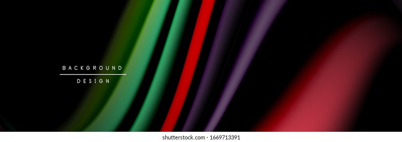 Сolorful flow poster. Wave liquid lines and shapes in black color background. Vector Illustration For Wallpaper, Banner, Background, Card, Book, Illustration, landing page, cover, placard, poster