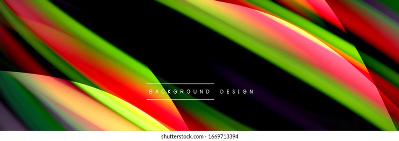 Сolorful flow poster. Wave liquid lines and shapes in black color background. Vector Illustration For Wallpaper, Banner, Background, Card, Book, Illustration, landing page, cover, placard, poster