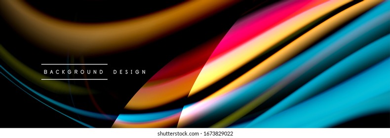 Сolorful flow poster. Wave liquid lines and shapes in black color background. Vector Illustration For Wallpaper, Banner, Background, Card, Book, Illustration, landing page, cover, placard, poster