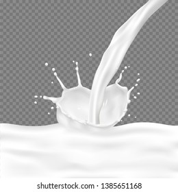 Flow realistic 3d of milk with splatters, yogurt mixing, splash of kefir, liquid drop, milkshake. Dairy and natural vegan drink- Vector