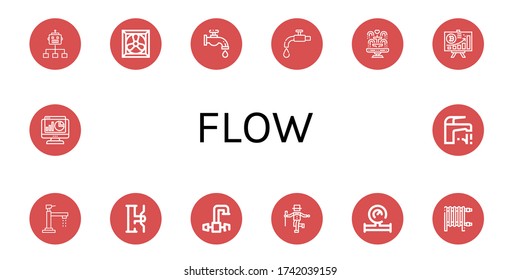 flow simple icons set. Contains such icons as Flow, Cooling system, Faucet, Tap, Fountain, Diagram, Water tap, Water meter, Heater, Statistics, can be used for web, mobile and logo