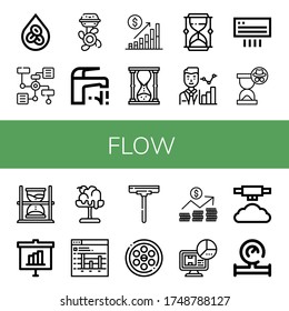 flow simple icons set. Contains such icons as Erythrocytes, Diagram, Boat engine, Faucet, Bar chart, Hourglass, Statistics, Air conditioning, can be used for web, mobile and logo