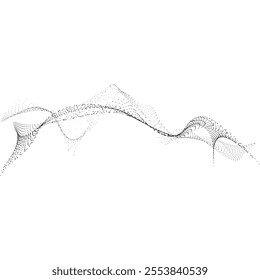 Flow of small particles. Abstract energy wave. Dynamic horizontal line of dots. The effect of data movement, water droplets or music sounds. Chaos. Cosmic flow. Vector illustration.