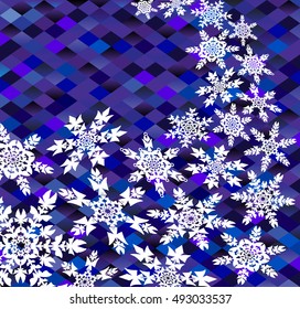 The flow of snowflakes on a background of blue rhombuses