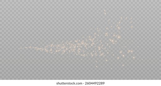A flow of soft golden sparks with a moving effect on a transparent background. The glowing particles create a sense of magic and are suitable for visual effects, holiday designs and illustrations.