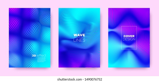 Flow Stripe Poster. Colorful Design Covers Set. Dynamic Illustration. 3d Geometric Halftone Texture. Violet Fluid Lines Poster. Design Covers Set. Movement Background. Lines Poster.