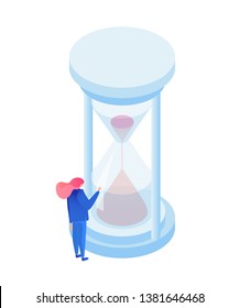 Flow of time metaphor isometric illustration. Time management expert watching sand in hourglass isolated character. Antique sandglass measuring hours, counting minutes to deadlines