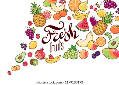 Flow of a variety of fruits and berries on a white background. Concept background with lettering "fresh fruits" for your design