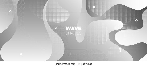 Flow Wave Poster. Metallic Futuristic Gradient. White Vector Illustration. Graphics Brochure. 3d Fluid Background. Gradient Template. Geometric Pattern. Monochrome Movement Concept. Wave Fluid Shapes.