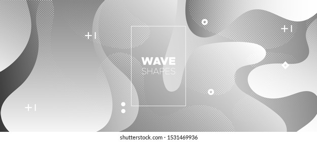Flow Wave Poster. Metallic Modern Gradient. Gray Geometric Element. Graphics Brochure. 3d Fluid Background. Gradient Template. Vector Illustration. Monochrome Movement Concept. Wave Fluid Shapes.