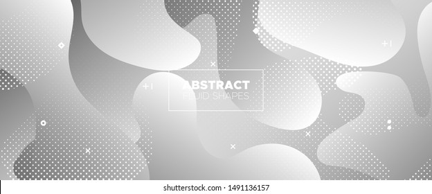 Flow Wave Poster. Monochrome Gradient Template. Gray Vector Illustration. Graphics Brochure. 3d Fluid Background. Modern Gradient. Geometric Pattern. Metallic Movement Concept. Wave Fluid Shapes.