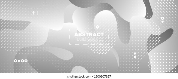 Flow Wave Poster. Monochrome Memphis Wallpaper. White Vector Illustration. Graphics Brochure. 3d Fluid Background. Gradient Template. Geometric Element. Metallic Movement Concept. Wave Fluid Shapes.