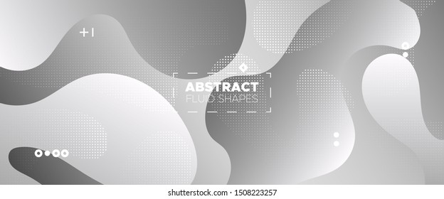 Flow Wave Poster. Monochrome Memphis Wallpaper. Gray Vector Illustration. Graphics Brochure. Wave Fluid Shapes. Gradient Template. Web Presentation. Metallic Creative Layout. 3d Fluid Background.