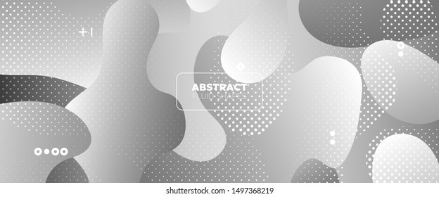 Flow Wave Poster. Monochrome Modern Gradient. Gray Web Presentation. Movement Concept. Wave Fluid Shapes. Gradient Template. Geometric Pattern. Metallic Creative Layout. 3d Fluid Background.