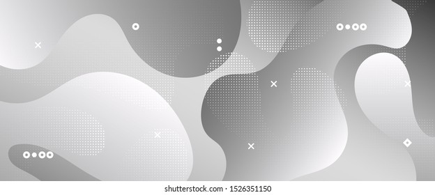 Flow Wave Poster. Monochrome Modern Gradient. White Vector Illustration. Movement Concept. Wave Fluid Shapes. Gradient Template. Web Presentation. Metallic Creative Layout. 3d Fluid Background.