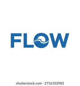 Logotipo de palabra fluida con elemento ondulado en letra O. Letras azules. Vector moderno de diseño de identidad empresarial.