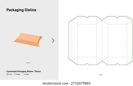 Modelo de empacotamento de estilo de travesseiro dobrável Dieline Bolsa Caixa de Bolsa de Fluxo