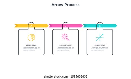 Flowchart with 3 colorful arrows and square elements. Concept of three successive stages of business strategy. Minimal infographic design template. Flat vector illustration for presentation, banner.