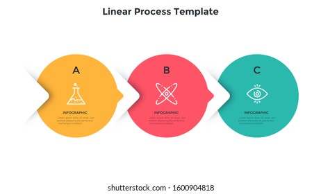 Flowchart with 3 round elements placed in horizontal row and connected by pointers. Concept of three stages of business project. Flat infographic design template. Modern simple vector illustration.