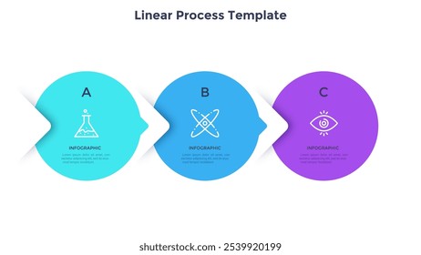 Flowchart with 3 round elements placed in horizontal row and connected by pointers. Concept of three stages of business project. Flat infographic design template. Modern simple vector illustration.