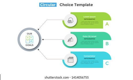 Flowchart With 3 Round Paper White Elements Connected To Main Circle. Concept Of Three Main Business Goals Of Company. Modern Infographic Design Layout. Flat Vector Illustration For Brochure, Report.