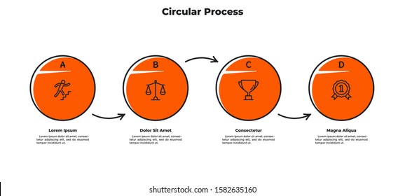 Flowchart with 4 circular elements connected by arrows. Concept of four successive steps of business process. Simple infographic design template. Flat vector illustration for presentation, banner.