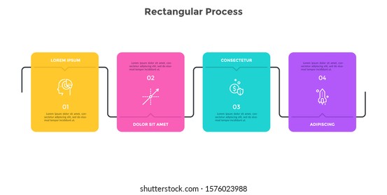 Flowchart with 4 colorful connected rectangular elements. Concept of four steps of development business strategy. Simple infographic design template. Flat modern vector illustration for progress bar.