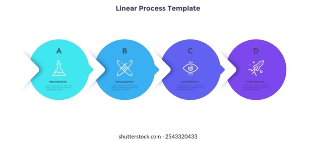 Flowchart with 4 round elements placed in horizontal row and connected by pointers. Concept of four stages of business project. Flat infographic design template. Modern simple vector illustration.