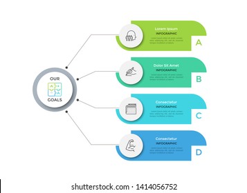 Flowchart With 4 Round Paper White Elements Connected To Main Circle. Concept Of Four Main Business Goals Of Company. Modern Infographic Design Layout. Flat Vector Illustration For Brochure, Report.