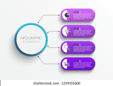 Flowchart with 4 round paper white elements connected to main circle. Concept of four main business goals of company. Modern infographic design layout. Flat vector illustration for brochure, report.