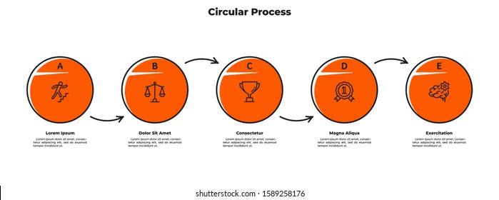 Flowchart with 5 circular elements connected by arrows. Concept of five successive steps of business process. Simple infographic design template. Flat vector illustration for presentation, banner.